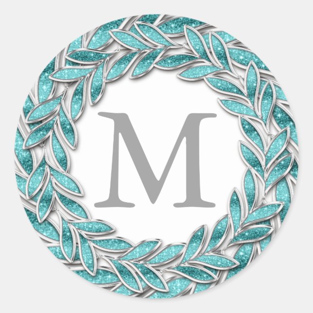 Turquoise Flora Wreath Design Monogram Initial Classic Round Sticker (Front)