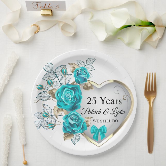 Turquoise Floral 25th Anniversary - I STILL DO Paper Plate (Wedding)