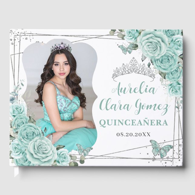 Turquoise Floral Butterflies QUINCEAÑERA 16 Photo Guest Book (Front)