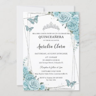 Turquoise Floral Butterflies Silver Quinceañera Invitation
