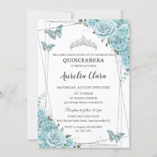Turquoise Floral Butterflies Silver Quinceañera Invitation