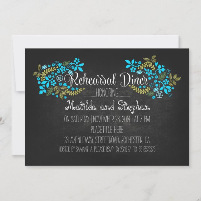 turquoise floral chalkboard rehearsal dinner invitation (Front)