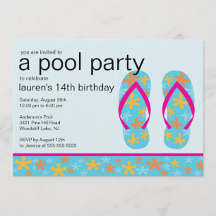 Turquoise Floral Flip Flops Pool Party Invitation