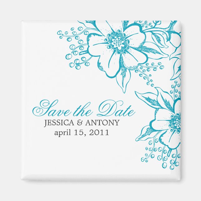 Turquoise Floral Letterpress Style Wedding Magnet (Front)