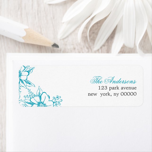 Turquoise Floral Letterpress Style Wedding Return Address Label (Insitu)