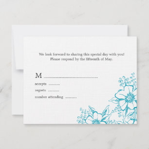 Turquoise Floral Letterpress Style Wedding RSVP Card