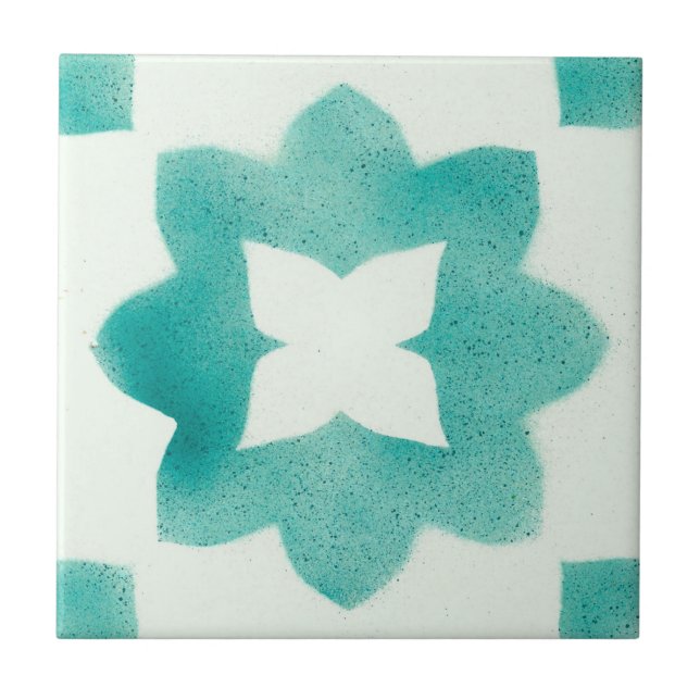 Turquoise Floral Pattern Ceramic Tile (Front)