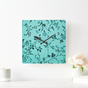 Turquoise floral pattern square wall clock