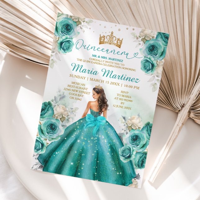 Turquoise Floral Princess Gold Crown Quiñceanera Invitation (Creator Uploaded)