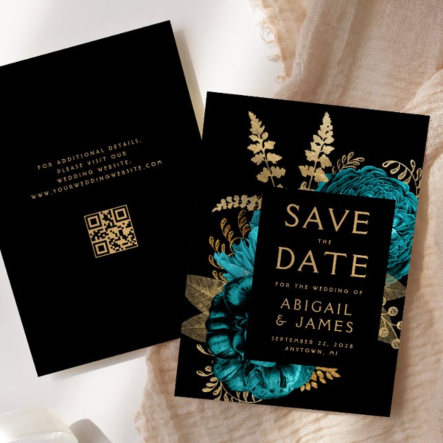 Turquoise Floral QR Code Wedding Save the Date Invitation (Creator Uploaded)