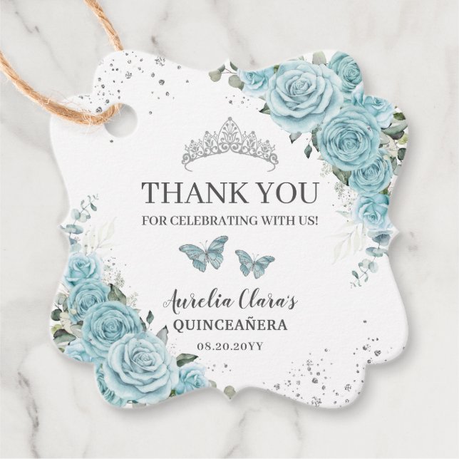 Turquoise Floral Quinceanera Sweet 16 Butterflies Favour Tags (Front)