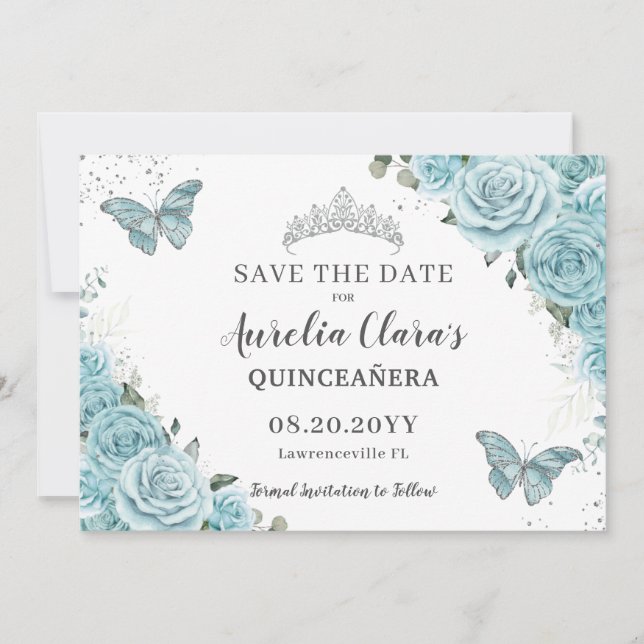 Turquoise Floral Quinceanera Sweet 16 Butterflies Save The Date (Front)