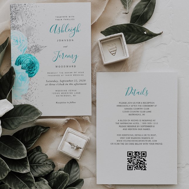Turquoise Floral Silver Grey QR Code Wedding Invitation (Creator Uploaded)