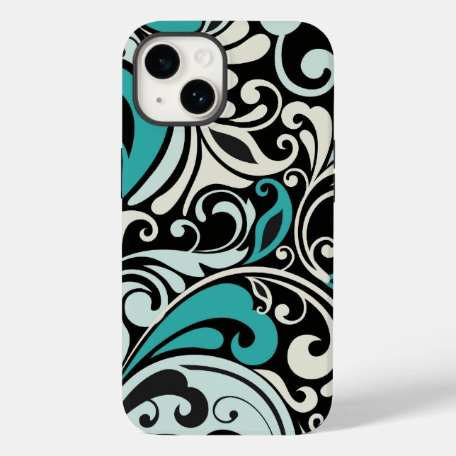 Turquoise Floral Swirls iPhone 14 Case (Back)