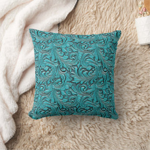 Turquoise floral tooled embossed leather western cushion