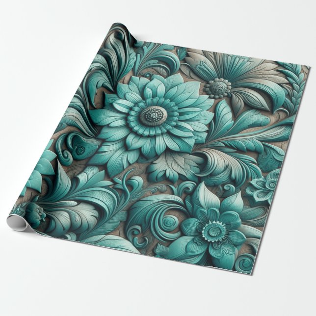 Turquoise Floral tooled Pattern Turquoise Teal Wrapping Paper (Unrolled)