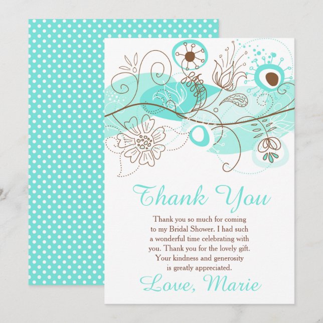 Turquoise Floral Twist Bridal Shower  Thank You Card (Front/Back)