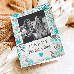 Turquoise Floral watercolor poem photo Mother day Card