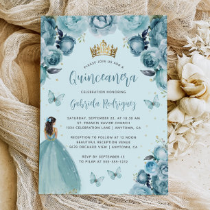 Turquoise Floral Watercolor Princess Quinceañera Invitation