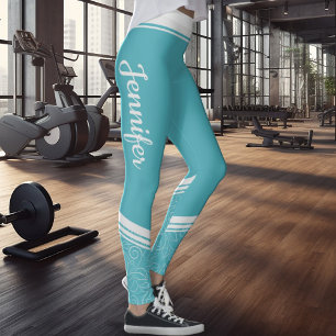 Turquoise floral white stripes & name modern leggings