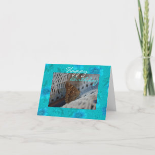 Turquoise Floral with Brown Moth Happy Birthday Card