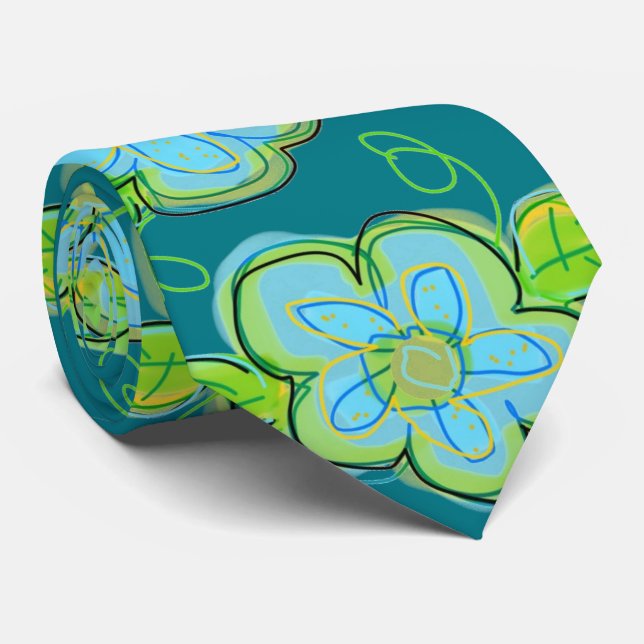 Turquoise Floral With Lime Green Tie (Rolled)