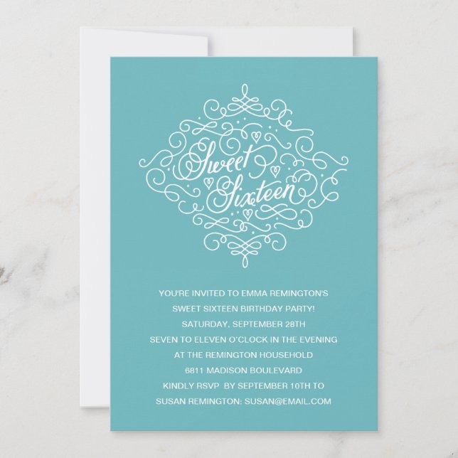 Turquoise Flourish Sweet Sixteen Birthday Party Invitation (Front)