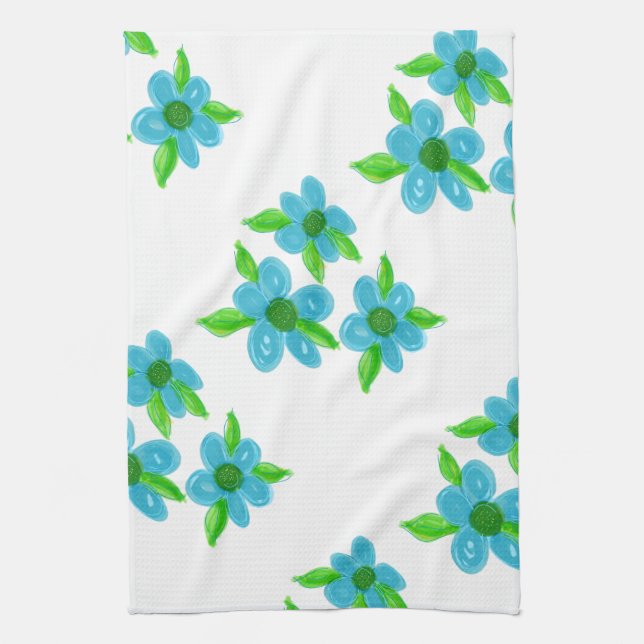 Turquoise flowered pattern tea towel (Vertical)
