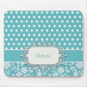 Turquoise Flowers and Polka Dots Mouse Pad