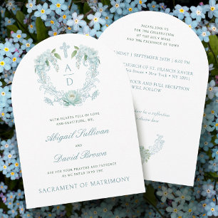 Turquoise Flowers Crest Monograms Catholic Wedding Invitation