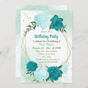 turquoise flowers green leaves birthday invitation
