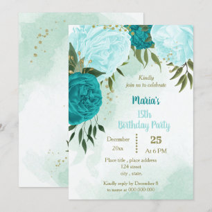 turquoise flowers green leaves birthday invitation