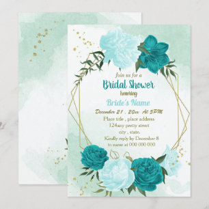 turquoise flowers green leaves bridal shower invitation