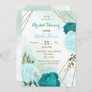 turquoise flowers green leaves bridal shower invitation