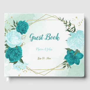 turquoise flowers green leaves guest book