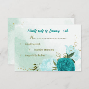 turquoise flowers green leaves RSVP card