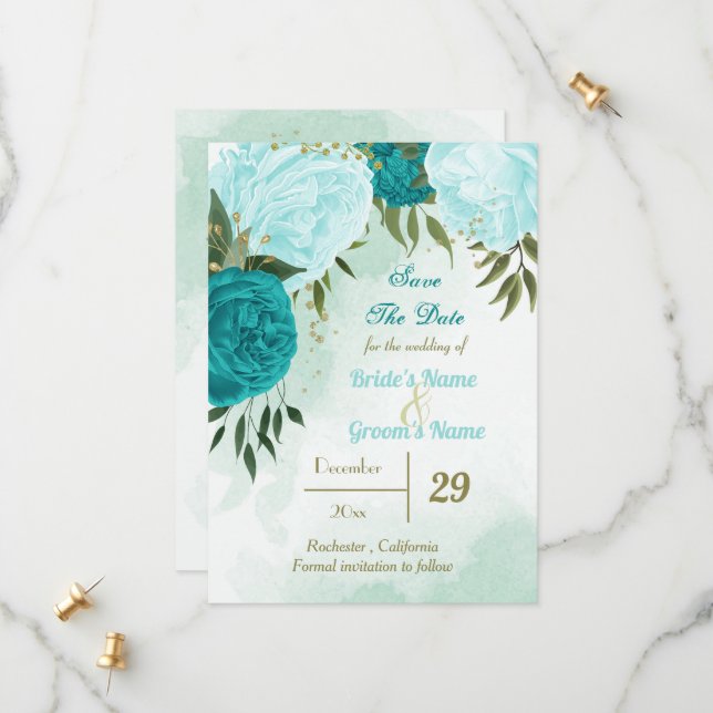turquoise flowers green leaves save the date (Front/Back In Situ)