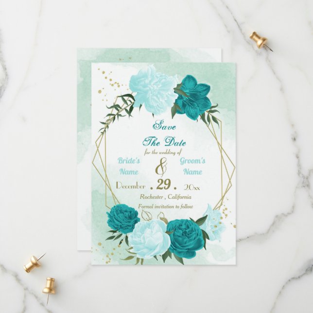 turquoise flowers green leaves save the date (Front/Back In Situ)