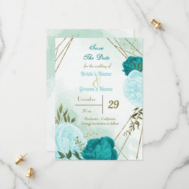 turquoise flowers green leaves save the date (Front/Back In Situ)