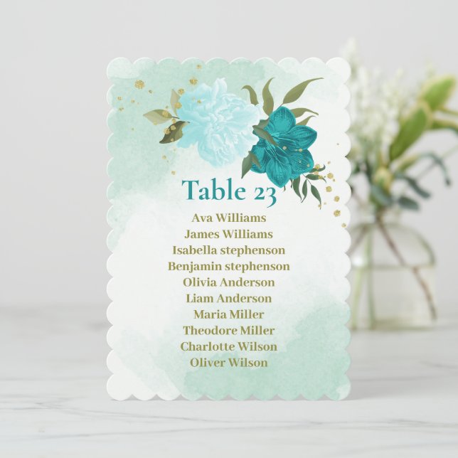 turquoise flowers green leaves seating chart card (Standing Front)