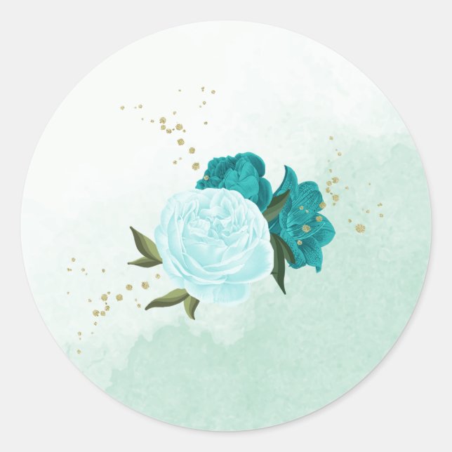 turquoise flowers green leaves wedding classic round sticker (Front)