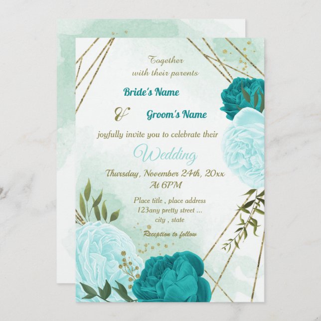 turquoise flowers green leaves wedding invitation (Front/Back)