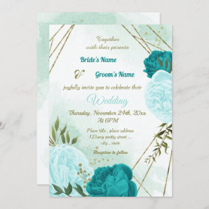 turquoise flowers green leaves wedding invitation