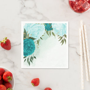 turquoise flowers green leaves wedding napkin