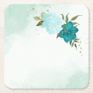 turquoise flowers green leaves wedding square paper coaster