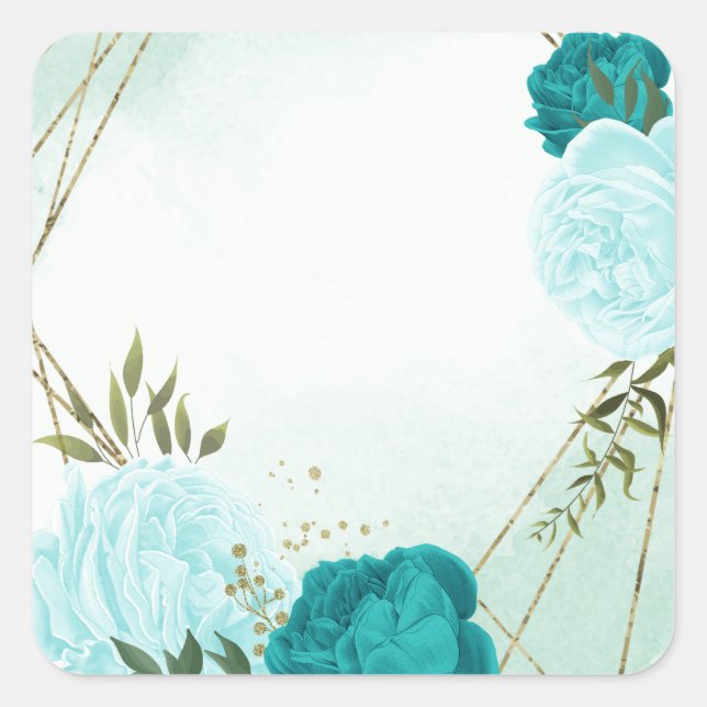 turquoise flowers green leaves wedding square sticker (Front)