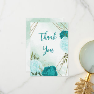 turquoise flowers green leaves wedding thank you card