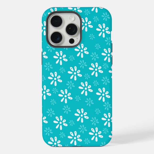 Turquoise Flowers Pattern iPhone 15 Pro Max Case (Back)