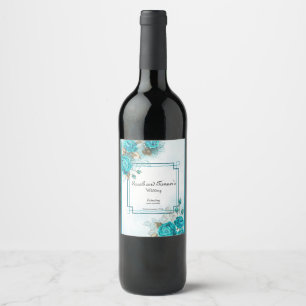 Turquoise Flowers Wine Label for Wedding