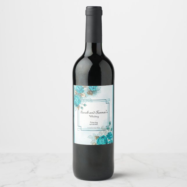 Turquoise Flowers Wine Label for Wedding  (Front)